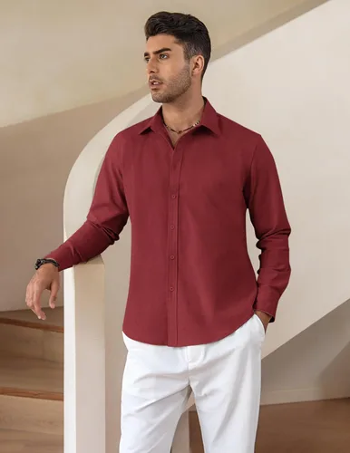 Vista 2 de COOFANDY Camisas casuales de lino de manga larga con botones para hombre