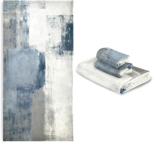 Vista 7 de Juego de toallas de baño vintage, juego de 3 toallas suaves de pintura abstracta retro azul gris