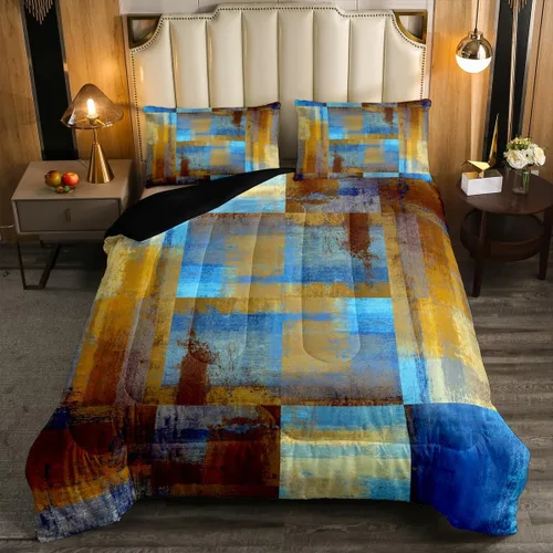 Vista 2 de Erosebridal - Juego de ropa de cama con edredón a cuadros de retazos tamaño individual, aguada geométrica en cuadrícula, conjunto retro grunge