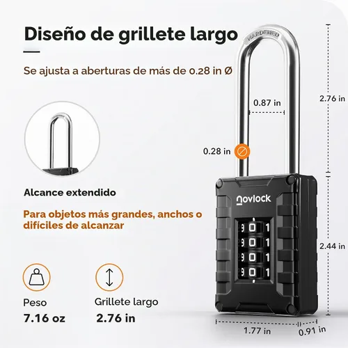 Vista 2 de Candado de combinación de grillete largo de 2.76 pulgadas Candado de 4 dígitos para casillero de gimnasio, armarios, cajas de herramientas, Negro