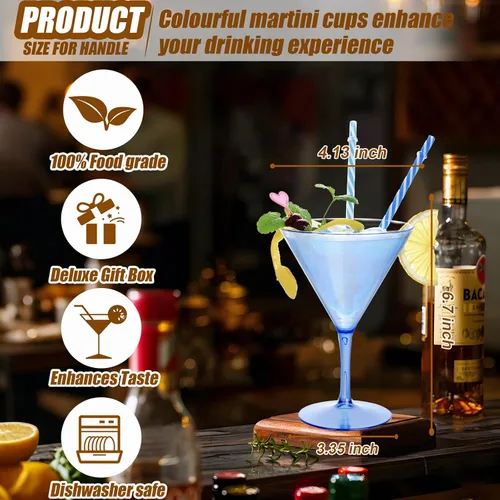 Vista 2 de Juego de 6 vasos de Martini Liacere, vasos de cóctel de Martini de plástico azul de 11oz con tallo, vasos de cóctel reutilizables para bar