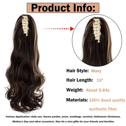 Vista 2 de Extensión de cola de caballo con clip de garra, de 18 pulgadas, extensiones de cabello ondulado largo para mujer, extensiones de cola de caballo