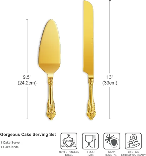 Vista 5 de KEAWELL Magnífico juego de cuchillos y servidor para pastel de boda, acero inoxidable 18/10, juego de corte de pastel de lujo fino (dorado)