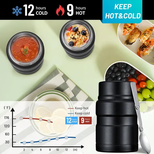 Vista 4 de Charcy Termo de 17oz para alimentos calientes, contenedor de comida aislado para almuerzo con cuchara plegable QB - Negro
