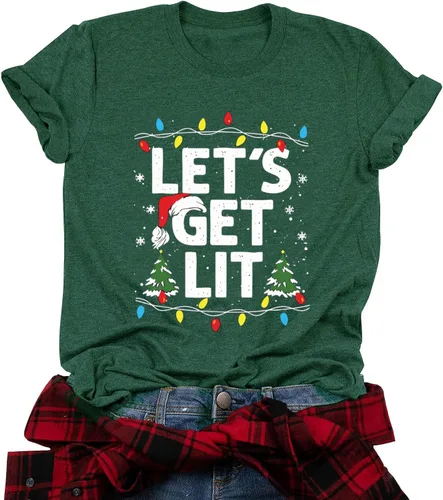 Vista 16 de Camisetas navideñas para mujer Let's Get Lit, camisa con lindo diseño gráfico de luces, manga corta, tops y camisetas de Navidad Gris-Carbón