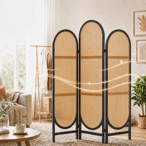 Vista 4 de 3 Panel Rattan Room Divider, Arched Room Divider Screen, Black