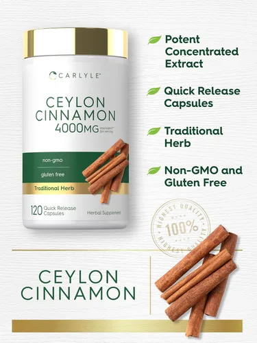 Vista 4 de Cápsulas de canela de Ceilán Carlyle 4000 mg 120 unidades Suplemento sin OGM y sin gluten
