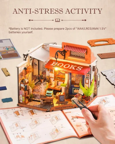 Vista 3 de Rolife Kit de casa en miniatura para bricolaje, librería a escala 1:20, kit de construcción de mini casa con luces LED, kits de manualidades
