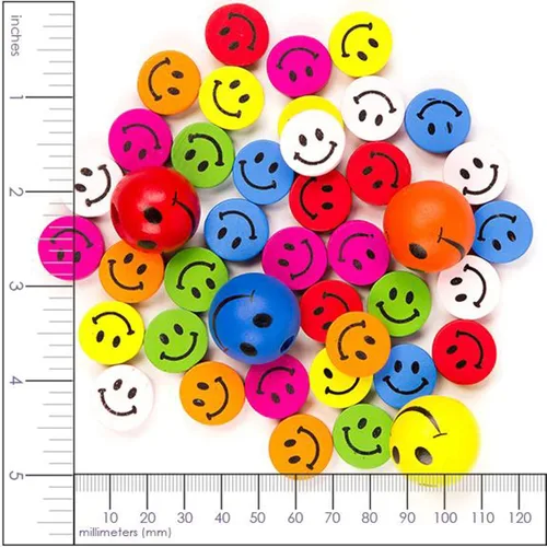 Vista 2 de 40 cuentas de madera sonriente de 0.669-0.906 in, multicolor