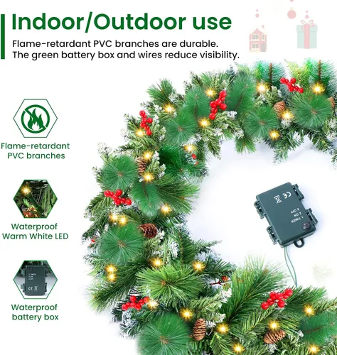 Vista 5 de Guirnalda de Navidad con luces, 50 luces LED, guirnalda preiluminada de 9 pies, funciona con pilas, decoración de Navidad para interiores