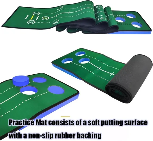 Vista 4 de Juego de putting de golf, juego de putting verde para interiores, tapete de golf desmontable, incluye 1 putter, 6 pelotas de golf, 3 tazas de golf