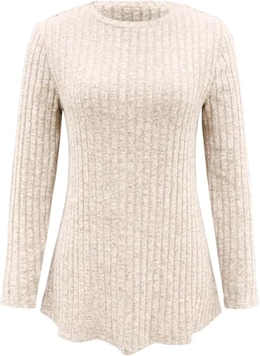 Vista 3 de Camiseta de manga larga con cuello redondo y rayas esmeriladas de color sólido para mujer, a la moda