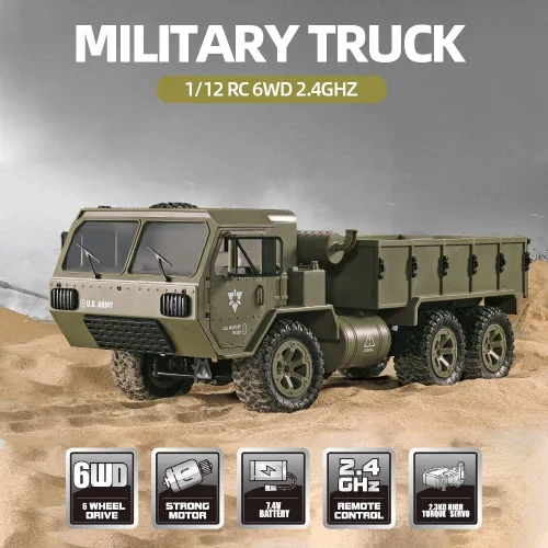 Vista 3 de GoolRC Camión militar RC, auto de control remoto a escala 1:12 6WD, autos militares de 2.4 GHz, camión todoterreno todo terreno, vehículo de juguete