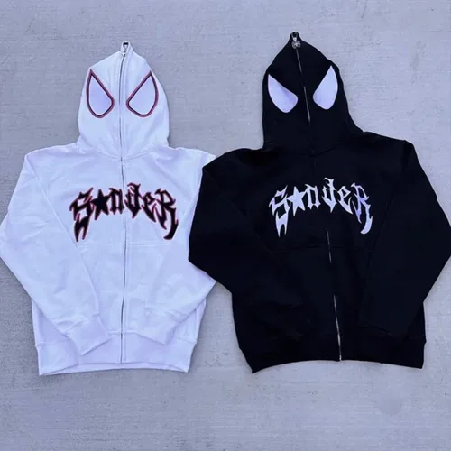 Vista 6 de Sudadera con capucha y cremallera completa con estampado de araña, estampado de araña Y2k, sudadera con capucha con estampado de letras y letras