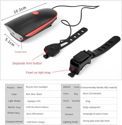 Vista 6 de Luces de bicicleta con juego de bocina USB recargable accesorios de bicicleta para niños adultos impermeable IPX5