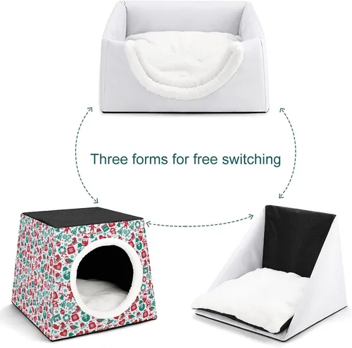 Vista 5 de Cama de tres usos para gatos, sofá plegable para gatos, refugio para gatos, juguete rascador con cojín extraíble con patrón navideño