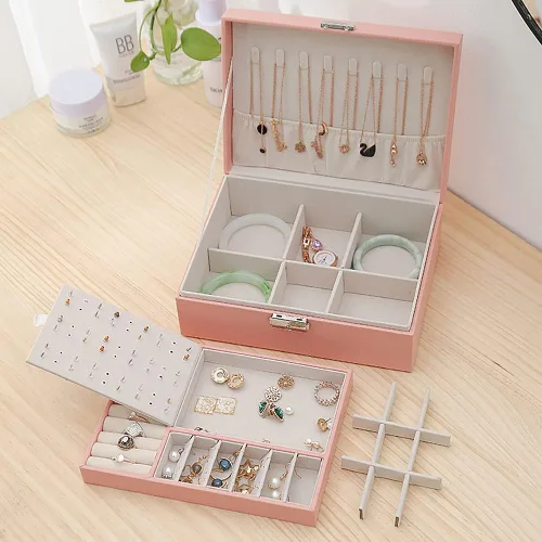 Vista 4 de NuAngela Joyero organizador grande para mujeres y niñas, estuche de almacenamiento de joyas de 2 capas, soporte de joyería de piel sintética