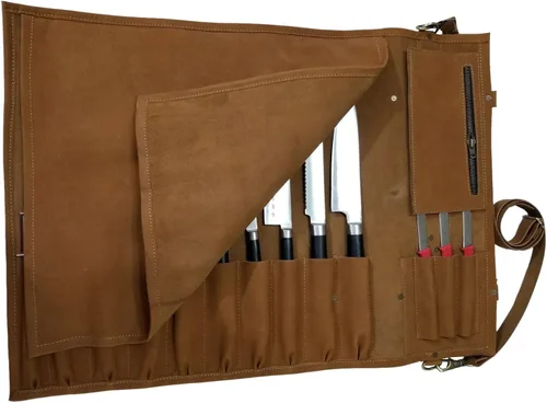 Vista 9 de Auténtico ligero Premium cuero profesional antiguo marrón largo cuchillo de chef bolsa/cuchillo de chef rollo 13 ranuras espacio # K5