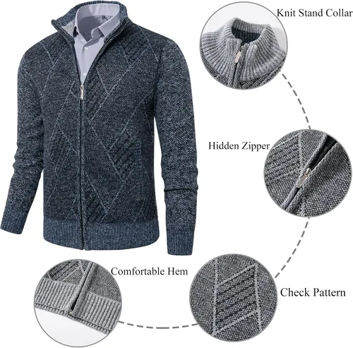 Vista 3 de VtuAOL Suéteres tipo cárdigan para hombre, suéteres casuales con cremallera completa, cárdigan de punto con bolsillos
