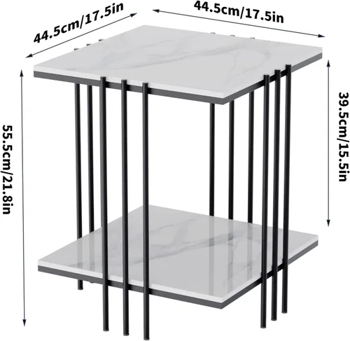 Vista 3 de Wisfor Mesa auxiliar de piedra sinterizada: mesa auxiliar de sofá blanca cuadrada de 2 niveles - Mesa de centro pequeña con marco negro - Mesita
