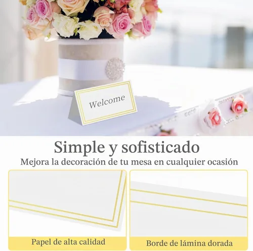 Vista 5 de 50 tarjetas de lugar premium, tarjetas de mesa de 2 x 3.5 pulgadas con borde dorado