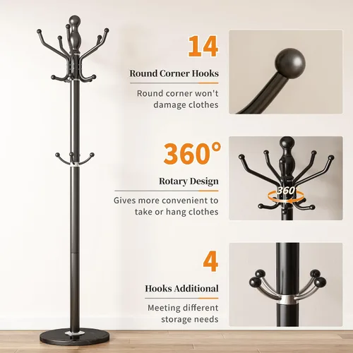 Vista 3 de Perchero de metal con rotación de 360°, color negro Modern Coat Rack with 360° Rotary Design Sturdy Heavy Duty Hall Tree Hats Hanger Holder Stand