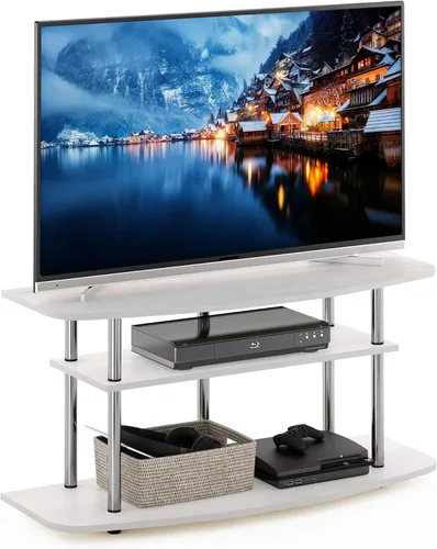 Vista 11 de Furinno Turn-N-Tube - Soporte para televisor de 3 niveles, centro de entretenimiento sin herramientas, consola de TV para televisores de hasta 32