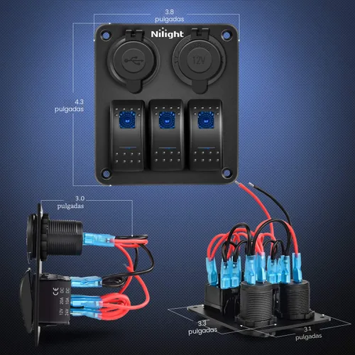 Vista 2 de Nilight - Panel de interruptor basculante de 3 bandas 90115C Panel de interruptores de aluminio precableado impermeable con enchufe de cargador USB