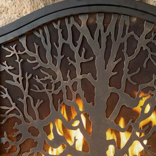 Vista 5 de ROYUMI Pantalla de chimenea en forma de árbol con herramientas, estufa de leña con puertas, accesorios de hierro forjado, cepillo, póker, pala