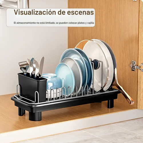 Vista 6 de Escurridor compacto para encimera, tamaño pequeño para dormitorios, caravanas y cocinas pequeñas, drenaje automático, ranuras ajustables, resistente