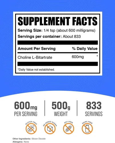 Vista 2 de BulkSupplements. com Polvo de bitartrato de colina, suplementos de colina, sin sabor y sin gluten, 600 mg por porción, 17.64 oz (1.1 libras)