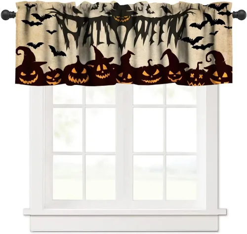 Vista 37 de Cortina de cenefa para fiesta de Halloween, diseño de dibujos animados, lindo fantasma, castillo sombrío, calabaza, murciélago, bolsillo para barra