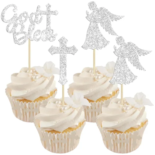 Vista 8 de Gyufise 24 piezas de decoración de pastel de Dios bendiga y decoración de bautizo para cupcakes, cruces de Dios bendiga, adornos de cupcake