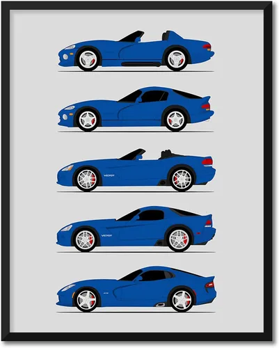 Vista 7 de Custom Car Posters Póster hecho a mano compatible con Dodge Viper Generations e impresión de Viper R/T GTS SRT10, color rojo con rayas blancas, 3.
