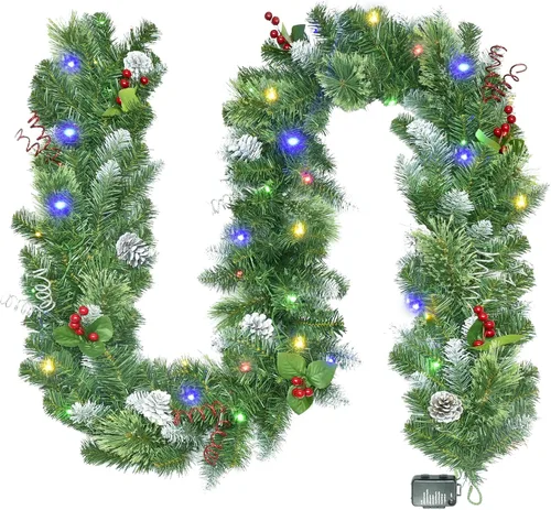 Vista 11 de HOYECHI - Juego de 2 guirnaldas navideñas preiluminadas - 2.7 m cada una con 50 luces LED y bayas rojas, alimentadas por baterías con 8 modos