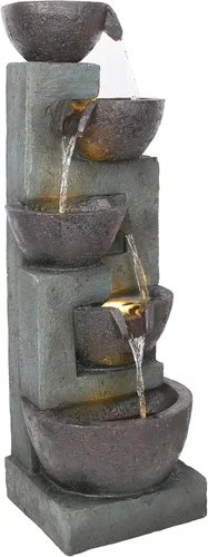 Vista 8 de Alpine Corporation TZL390 Elegante fuente de cascada de cuencos de 5 niveles para exteriores con luces LED para jardín, patio, jardín trasero