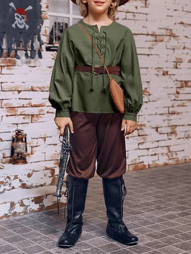 Vista 4 de Makkrom Camisa de disfraces para niño, medieval, renacentista, Halloween, jacobita escocés, Ghillie, con cordones, para niños de 5 a 14 años