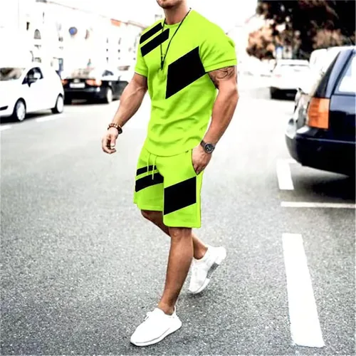 Vista 2 de Conjunto de camiseta y pantalones cortos para hombre, conjunto de 2 piezas, conjunto casual de verano con bolsillo, talla grande, deportivo