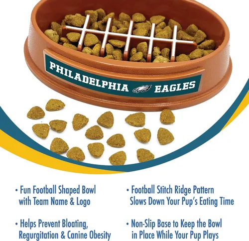 Vista 5 de NFL Super-Bowl Philadelphia Eagles - Cuenco de alimentación lenta para perros y gatos. Diseño de fútbol para una digestión saludable. Antideslizante