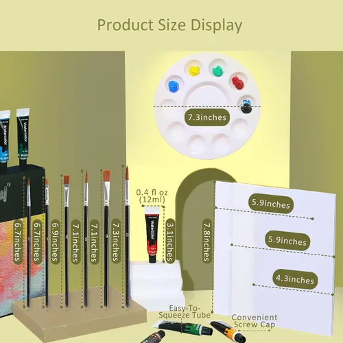Vista 3 de Colorful Juego de pintura de acuarela para niños, tubos de pintura de acuarela de 12 colores con 6 pinceles, 1 paleta, fácil de mezclar