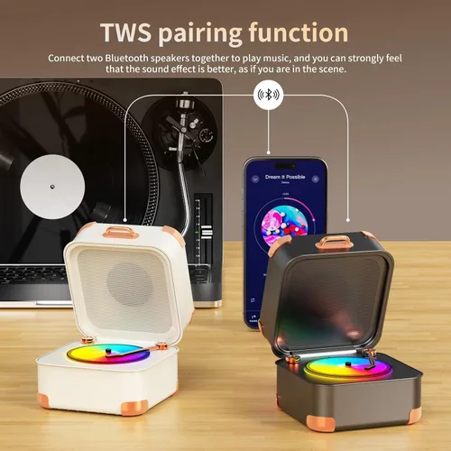 Vista 5 de Altavoz Bluetooth para tocadiscos, mini tocadiscos, vinilo retro, pequeño altavoz Bluetooth inalámbrico, calidad de sonido HD, kawaii, adecuado