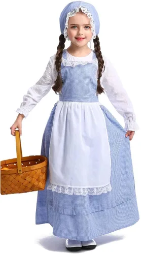 Vista 5 de Vestido de niña de la pradera británica pionero vestido de California trajes colonial peregrino criada vestido Halloween Cosplay traje