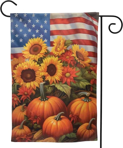 Vista 8 de Bandera de Estados Unidos, calabazas y girasoles, bandera de jardín, otoño, vacaciones, bienvenida, patio, granja, exteriores, banderas decorativas
