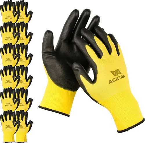 Vista 17 de ACKTRA Guantes de trabajo de seguridad ultrafinos de poliuretano 12 pares, WG002 negro/negro, XS