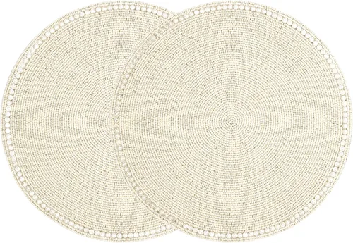 Vista 19 de 4 Piezas Manteles Individuales con Cuentas - Manteles de Mesa Redondos de Cuentas de Vidrio de 13 Pulgadas con Respaldo de Algodón - Elegantes