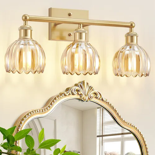 Vista 12 de Lámparas de baño vintage, 2 luces rústicas de tocador para baño, pasillo, luces de tocador de latón de 16.5 pulgadas, lámparas de tulipán