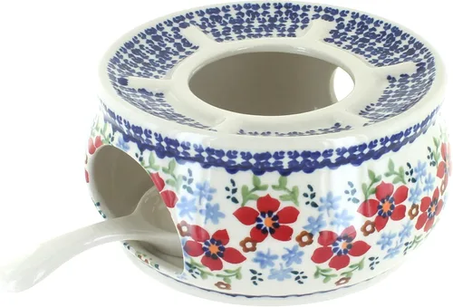 Vista 3 de Cerámica polaca de rosas azules, calentador de tetera de ramo de jardín naranja, 6.25 pulgadas de diámetro, soporte decorativo para tetera