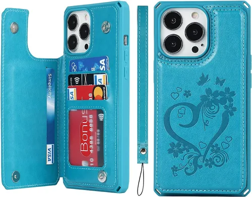 Vista 10 de iCoverCase Funda de billetera compatible con iPhone 13 Pro Max con tarjetero para mujer, cuero PU en relieve con bloqueo RFID y correa de muñeca