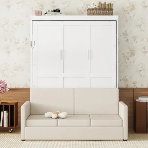 Vista 12 de Cama Murphy de tamaño completo, cama Murphy de madera con cojín, cama de pared con sofá para oficina en casa o habitación pequeña, gris