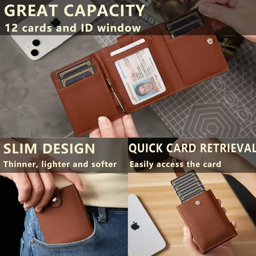 Vista 5 de Aiuwo Cartera para hombre, triple y duradera con ventana de identificación, cartera de cuero de gran capacidad con caja de regalo, C-Lychee
